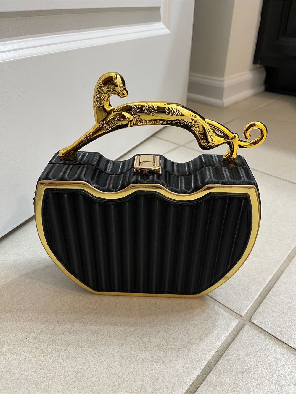 Black and Gold Sculpted Handle Evening Bag
